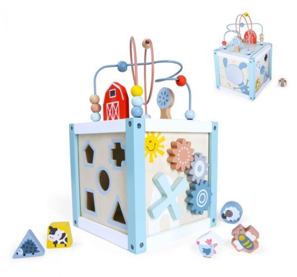 Edukačná drevená kocka s labyrintom 5v1 Eco toys, modrá - Image 2