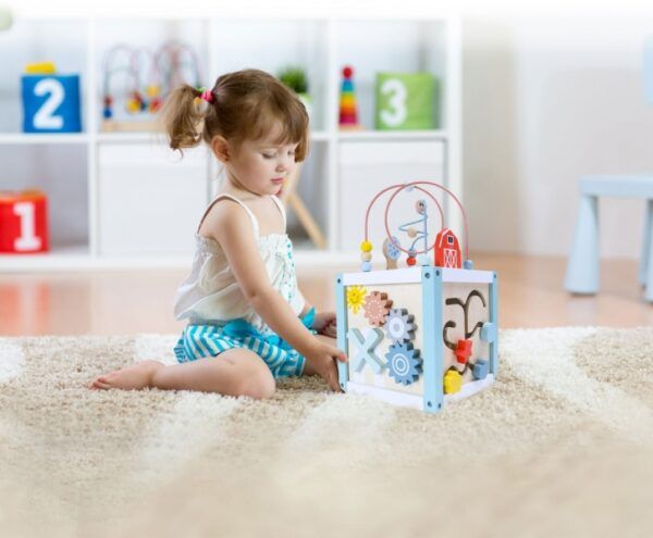 Edukačná drevená kocka s labyrintom 5v1 Eco toys, modrá - Image 4